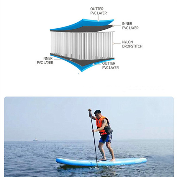 Această #placă de surf folosește material de pernă de aer periat.Presiunea aerului poate ajunge la 25PSI (în utilizare normală, presiunea aerului este de 12-15PSI.